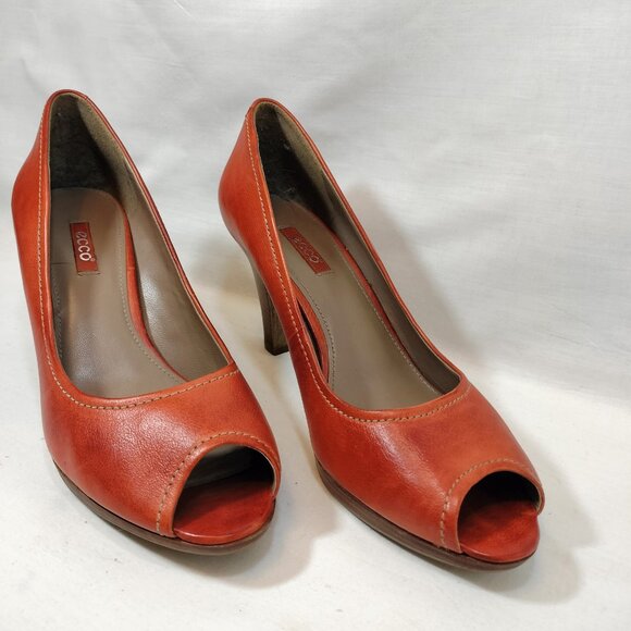 Ecco Shoes - ECCO Burnt Orange Leather Peep-Toe Pumps